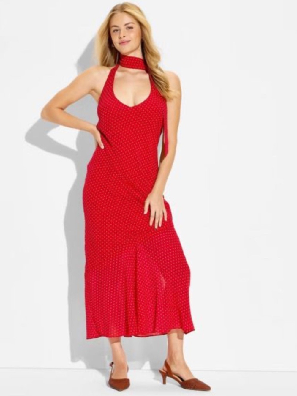 Wild Fable Womens Red Polka Dot Halter Neck Scarf Maxi Dress NWT